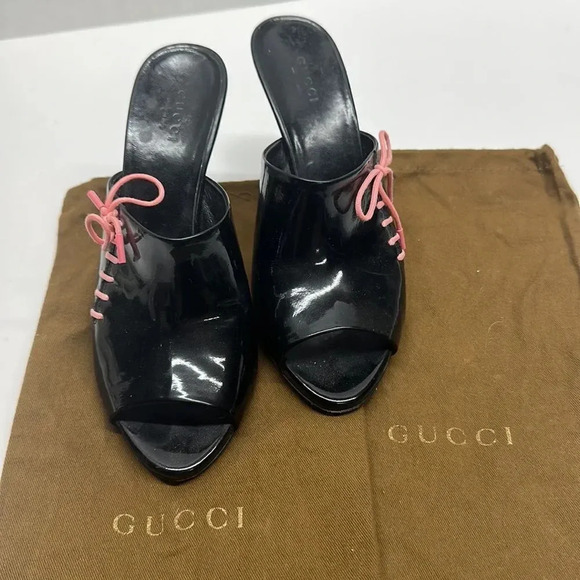 Gucci Heels Open Toe Mules Black Patent Leather Lace Up Pink Y2K Vintage 6.5 - Picture 2 of 12